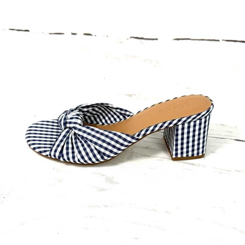 J Crew Shoes Women's 7 Blue White Sandals Knotted Gingham Fabric Block Heel New